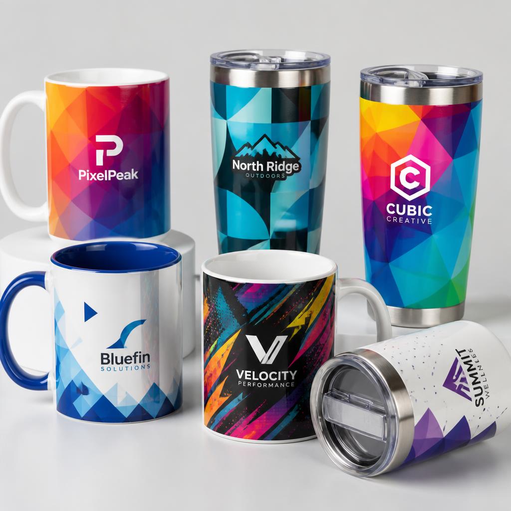 Simulação de copos & canecas estampado com DTF UV